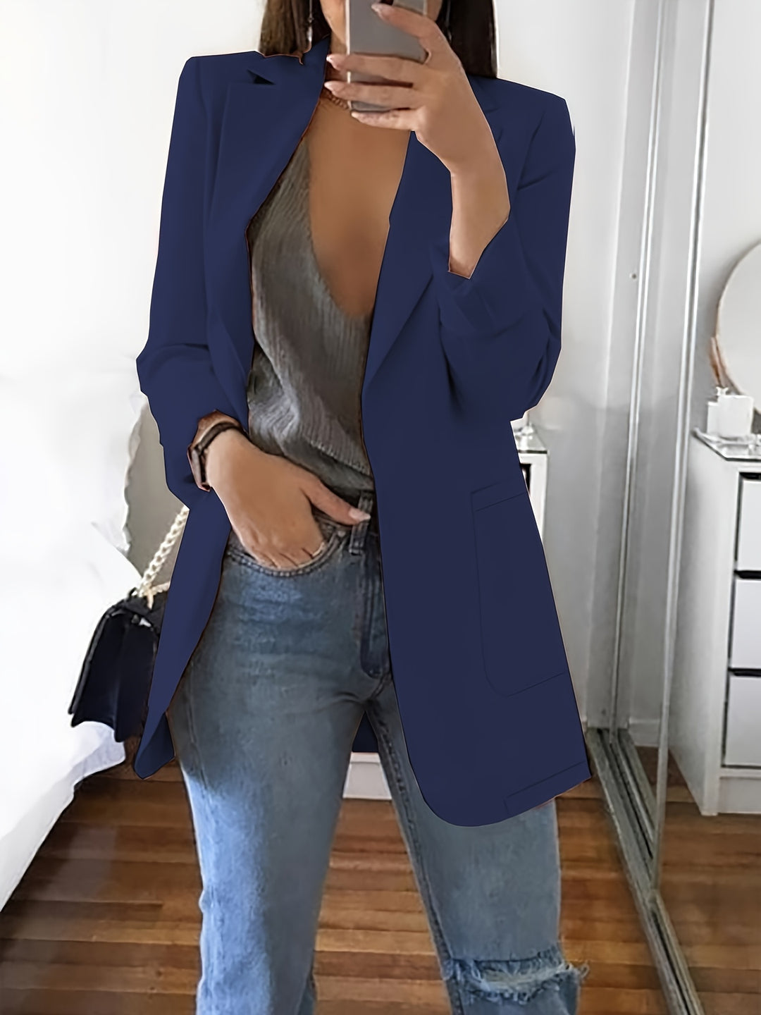 Estelle - Solid Color Open Front Pockets Blazer