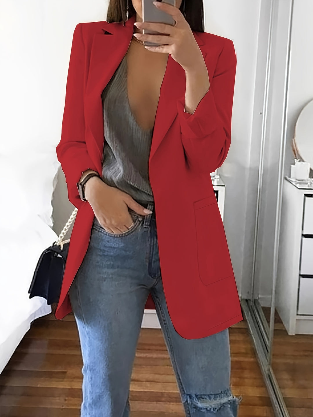 Estelle - Solid Color Open Front Pockets Blazer