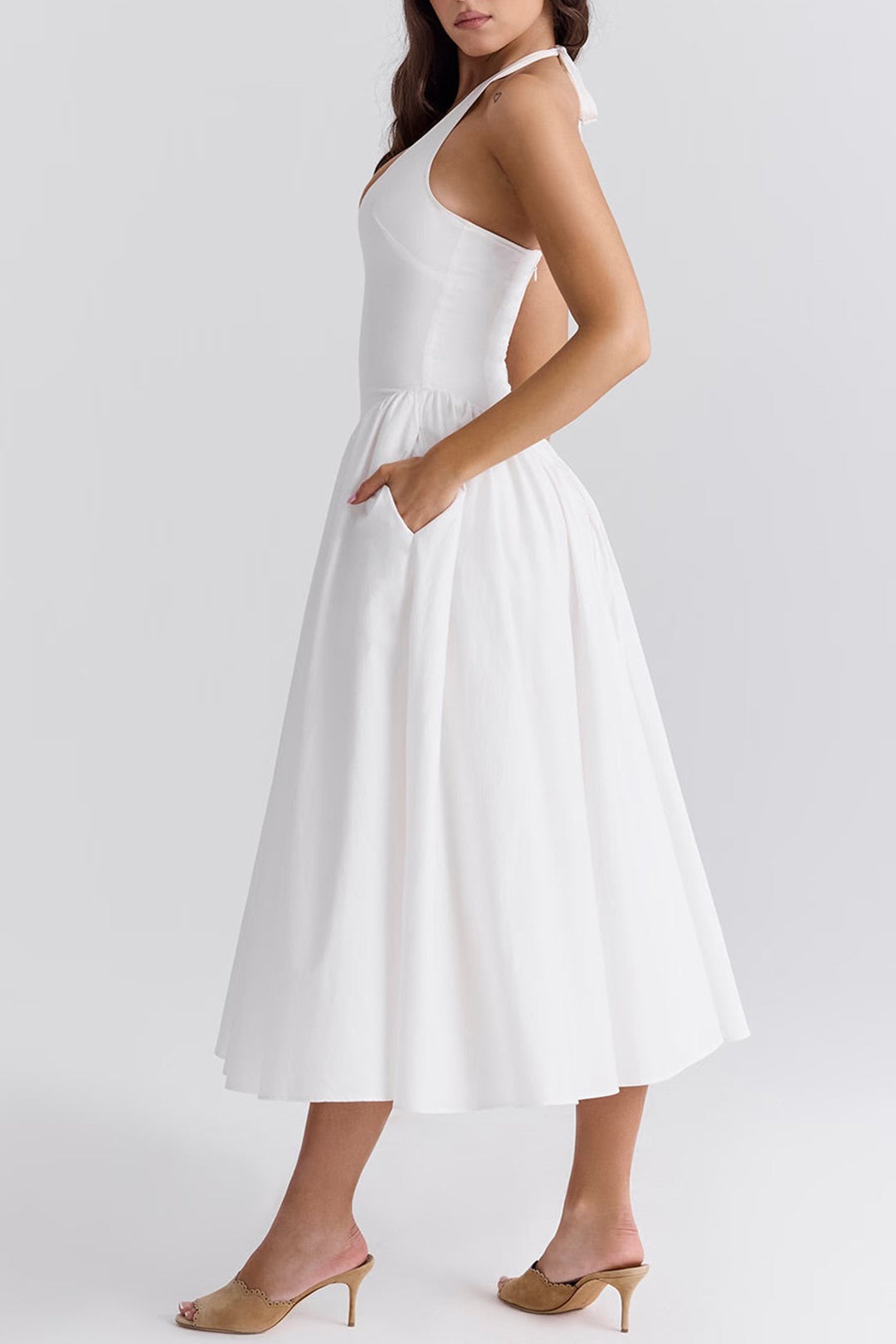 Cassie - Solid V-Neck Halter Midi Dress