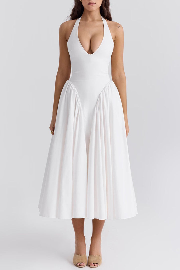 Cassie - Solid V-Neck Halter Midi Dress