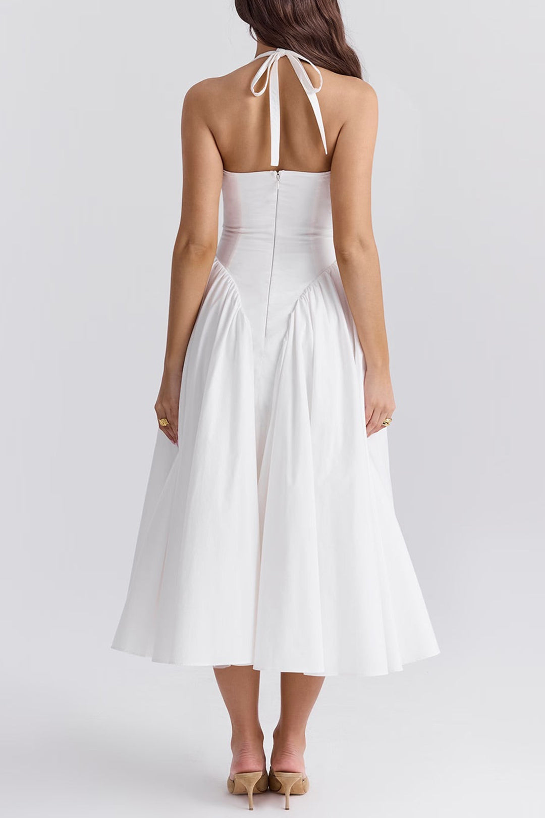 Cassie - Solid V-Neck Halter Midi Dress